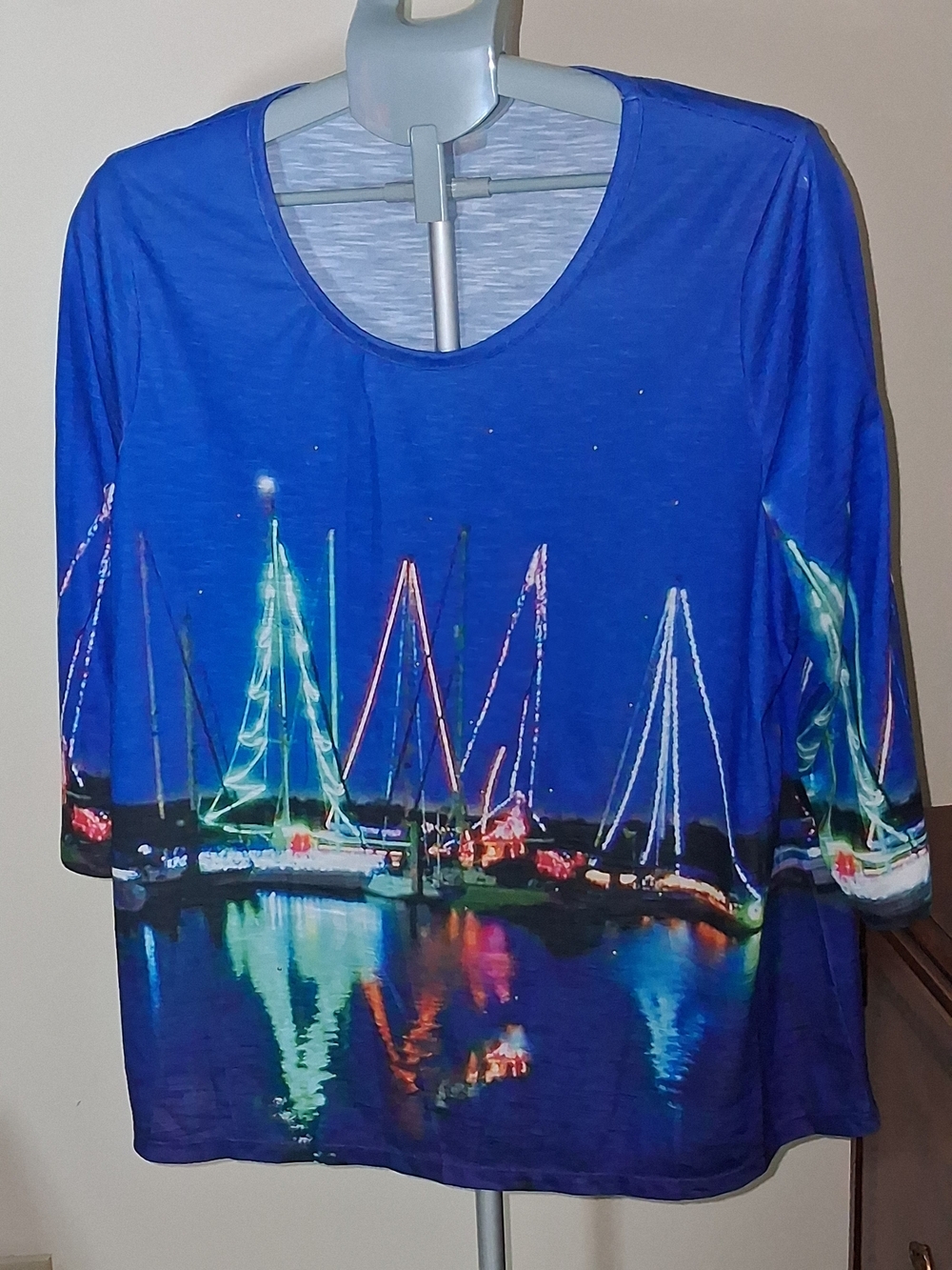 Blue Lighted Harbor Boat Print Long Sleeve Top